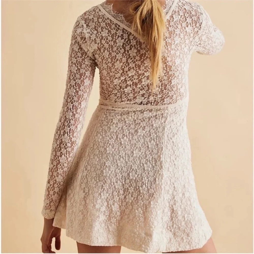 NEW Free People Petra Mini Dress Lace Long Sleeve Mini Dress Ivory